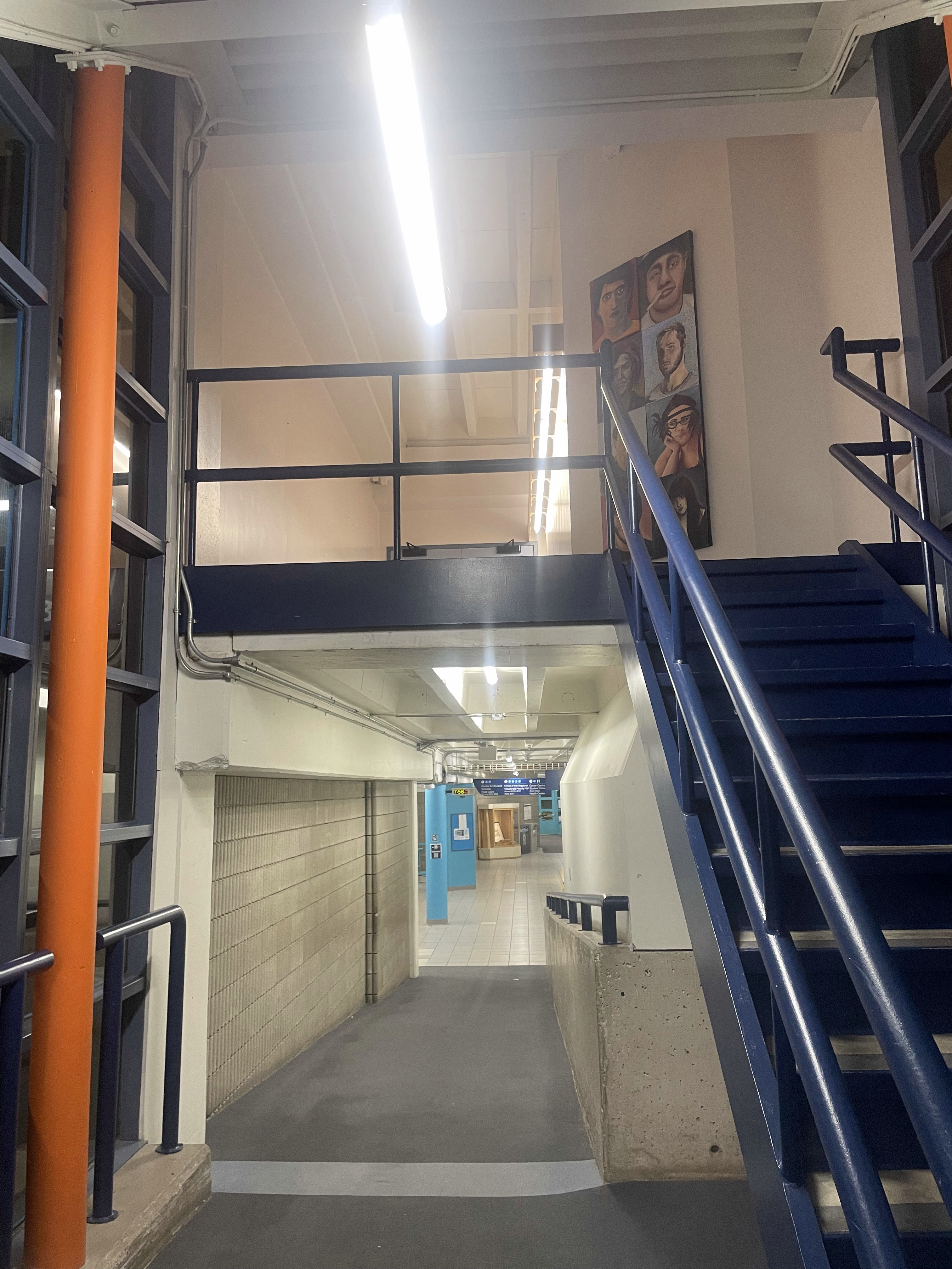 The ramp to get to the library area which is often used to get around campus. It is not clear where these steps go which is very confusing. 